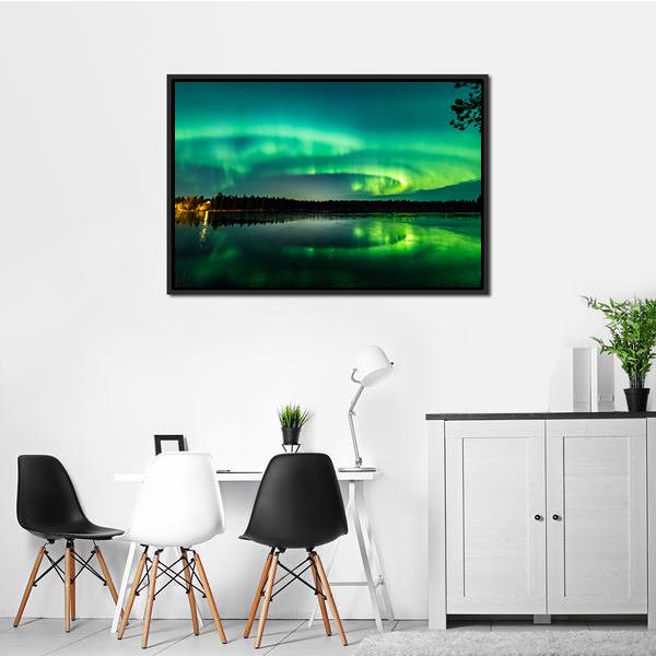 Aurora Show At Finnish Lake Panoramic Canvas Wall Art-1 Piece-36" x 12"-Tiaracle