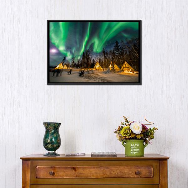 Aurora Village Canvas Wall Art in black, yellow and green, 4 panel Pop layout hung on a wall