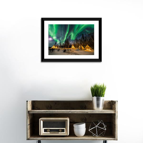 Aurora Village Canvas Wall Art in black, yellow and green, 4 panel Pop layout hung on a wall