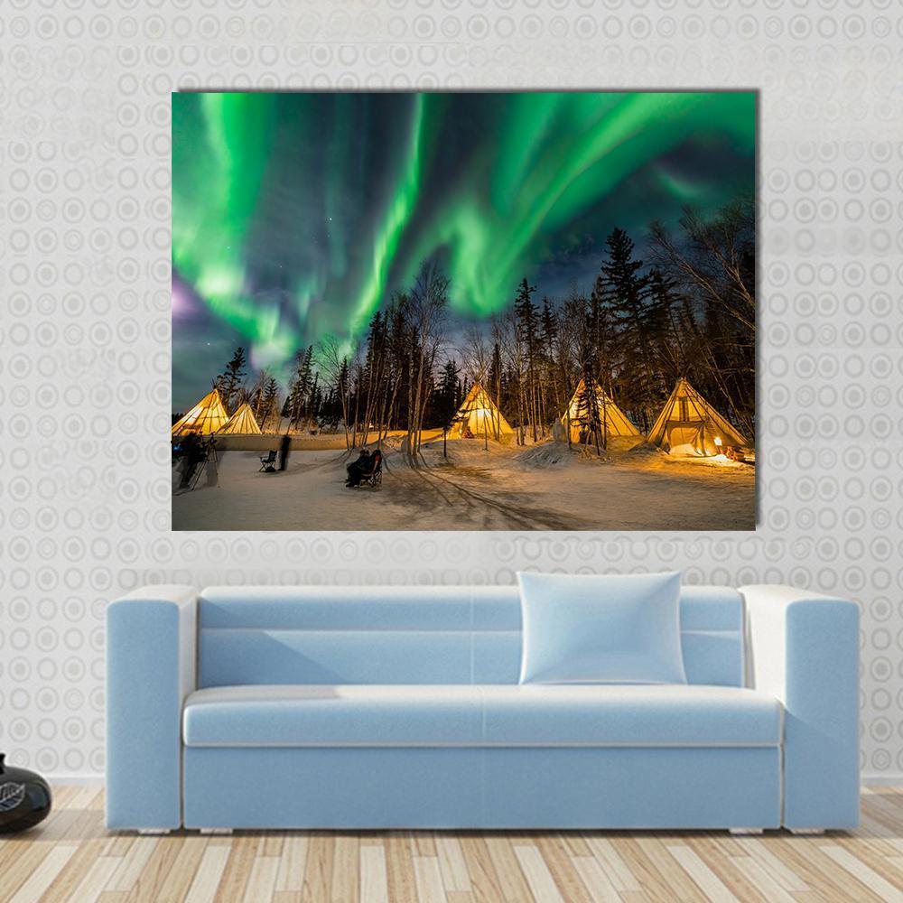 Aurora Village Canvas Wall Art in black, yellow and green, 4 panel Pop layout hung on a wall