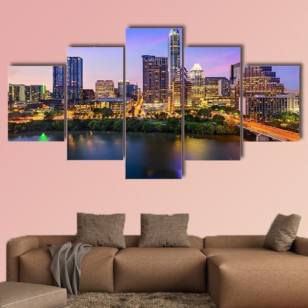 Austin Downtown Skyline Canvas Wall Art-5 Star-Gallery Wrap-62" x 32"-Tiaracle