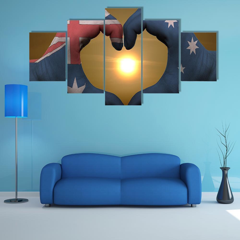 Australia Flag On Hands Canvas Wall Art-5 Star-Gallery Wrap-62" x 32"-Tiaracle