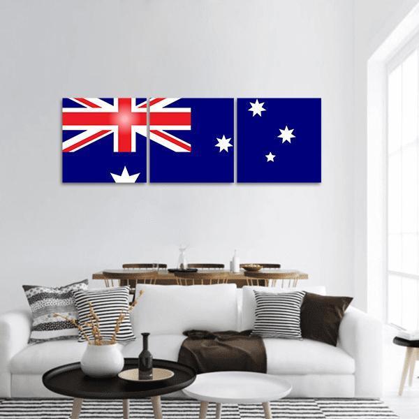 Australian Flag Geometric Print Panoramic Canvas Wall Art in white, red and blue, hung on a wall