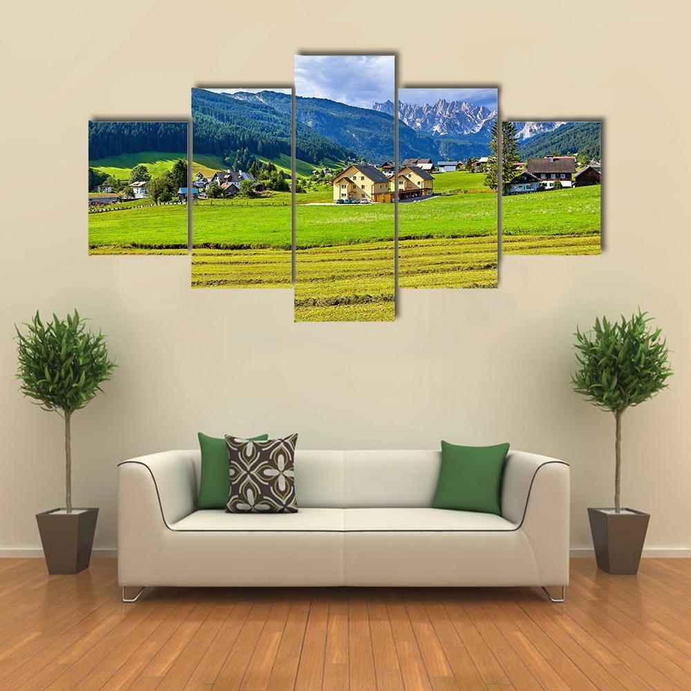 Austrian Village & Meadows Canvas Wall Art-5 Star-Gallery Wrap-62" x 32"-Tiaracle