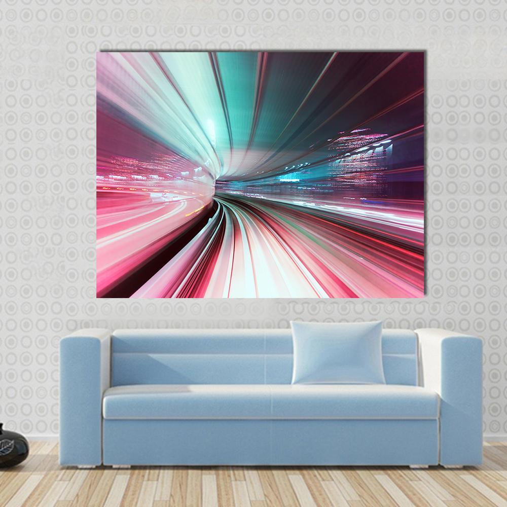 Way Train at Night Japan Canvas Wall Art in black, blue and pink, single panel hung on a wall