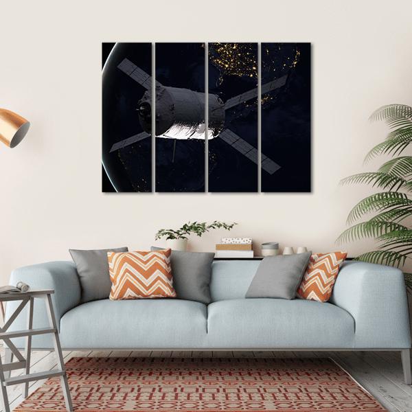 Spacecraft Over The Planet Earth Canvas Wall Art-4 Horizontal-Gallery Wrap-34" x 24"-Tiaracle