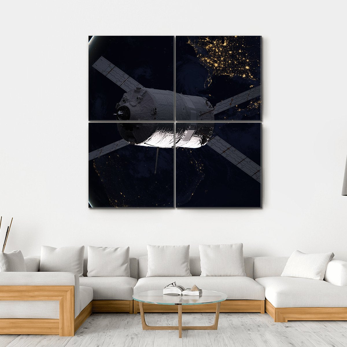 Spacecraft Over The Planet Earth Canvas Wall Art-4 Square-Gallery Wrap-17" x 17"-Tiaracle
