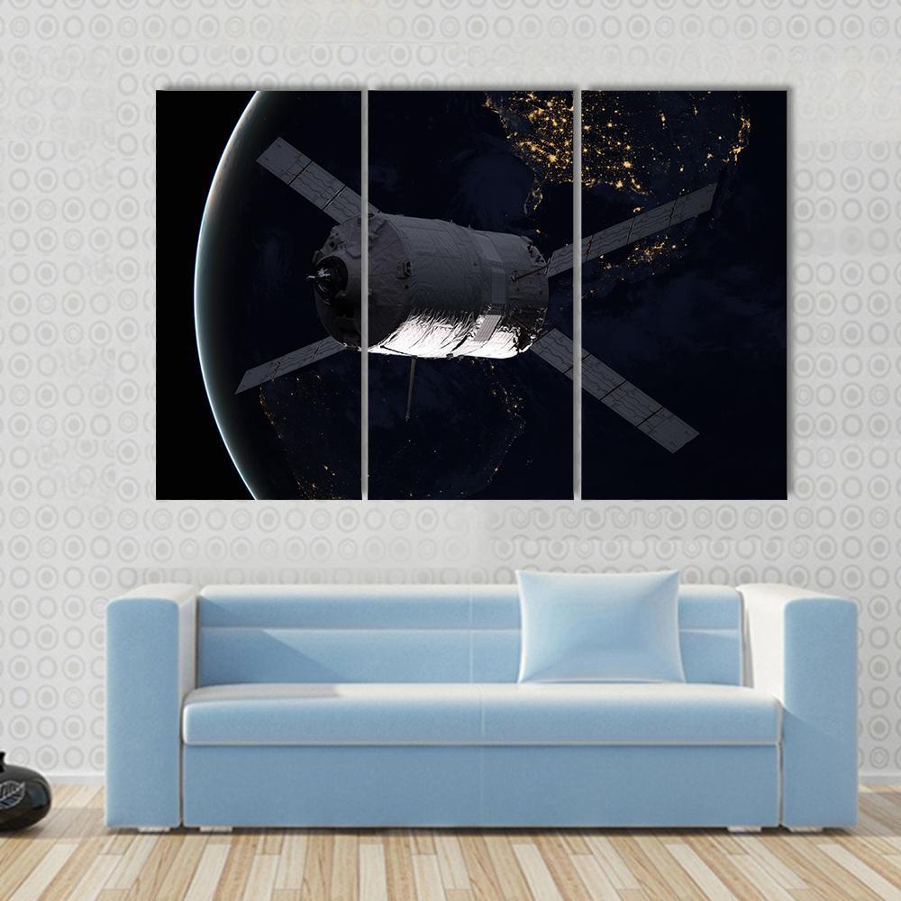 Spacecraft Over The Planet Earth Canvas Wall Art-3 Horizontal-Gallery Wrap-37" x 24"-Tiaracle