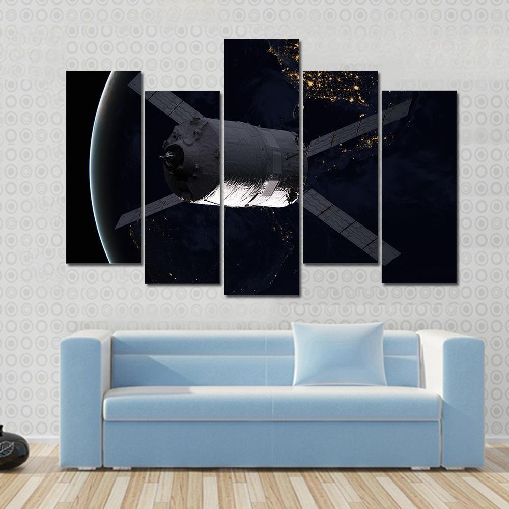 Spacecraft Over The Planet Earth Canvas Wall Art-5 Pop-Gallery Wrap-47" x 32"-Tiaracle
