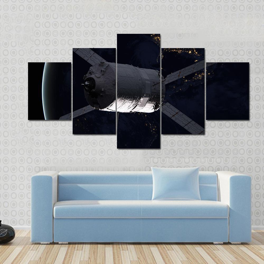 Spacecraft Over The Planet Earth Canvas Wall Art-3 Horizontal-Gallery Wrap-37" x 24"-Tiaracle
