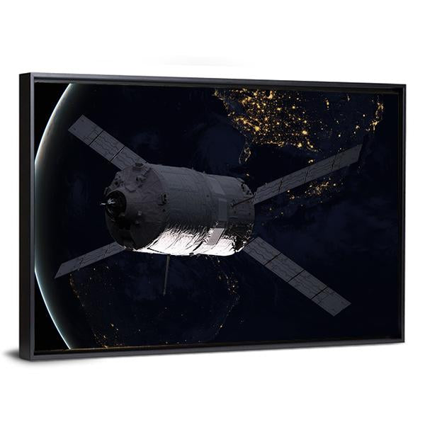 Spacecraft Over The Planet Earth Canvas Wall Art-3 Horizontal-Gallery Wrap-25" x 16"-Tiaracle