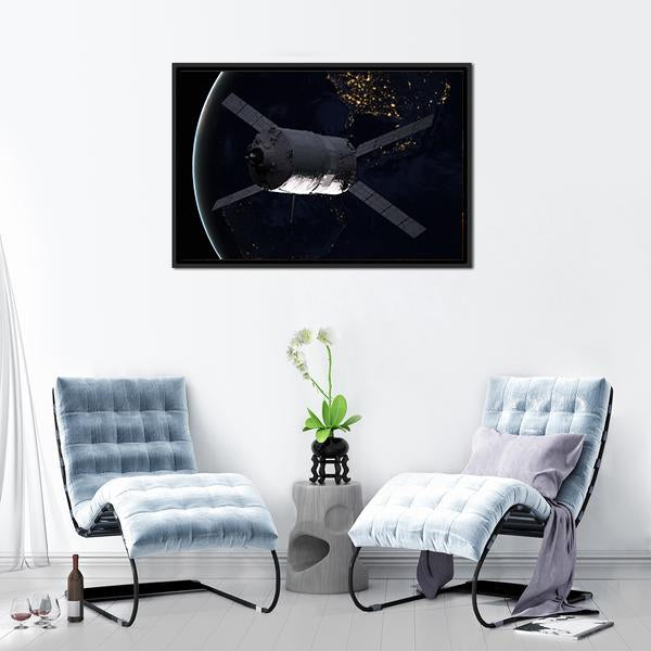 Spacecraft Over The Planet Earth Canvas Wall Art-3 Horizontal-Gallery Wrap-25" x 16"-Tiaracle