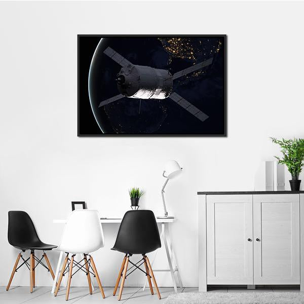 Spacecraft Over The Planet Earth Canvas Wall Art-3 Horizontal-Gallery Wrap-25" x 16"-Tiaracle