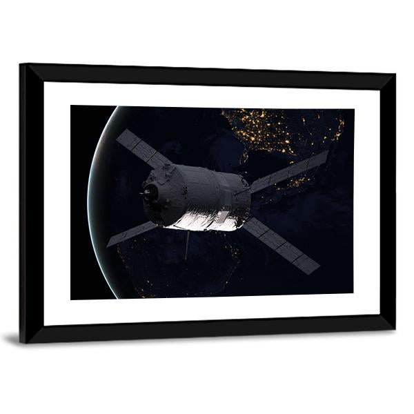 Spacecraft Over The Planet Earth Canvas Wall Art-3 Horizontal-Gallery Wrap-25" x 16"-Tiaracle