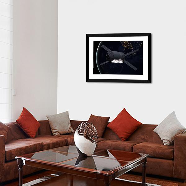 Spacecraft Over The Planet Earth Canvas Wall Art-3 Horizontal-Gallery Wrap-25" x 16"-Tiaracle