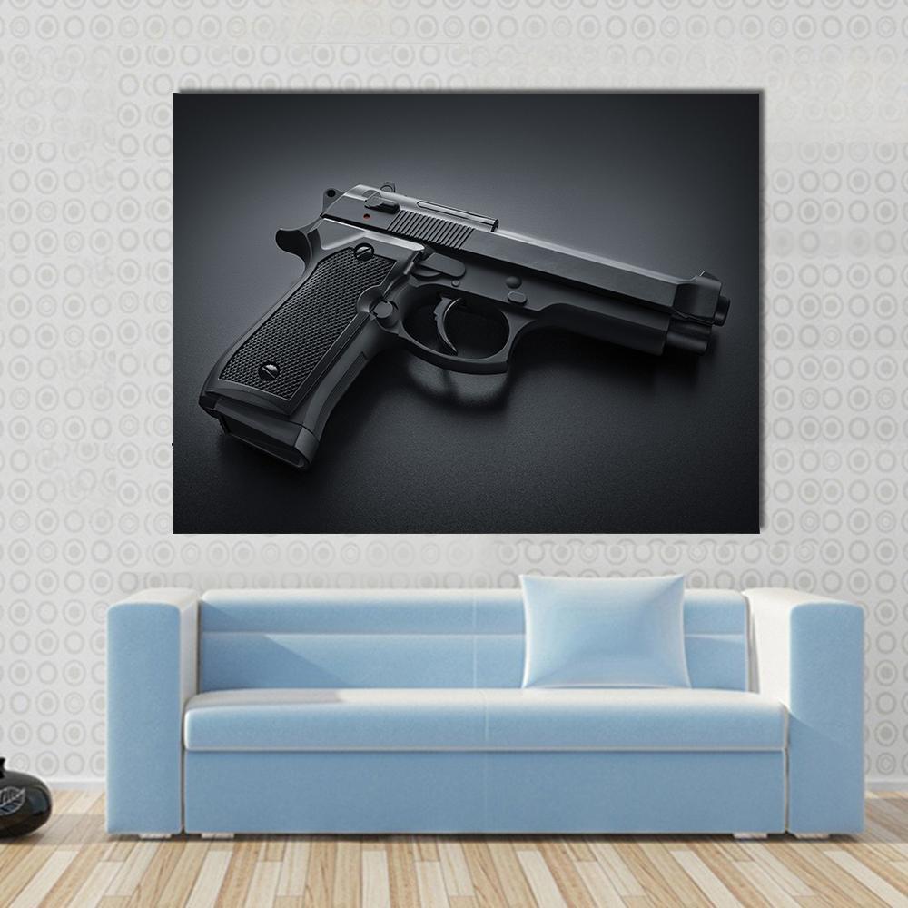Automatic Gun Canvas Wall Art in black and gray, single panel hung on a wall