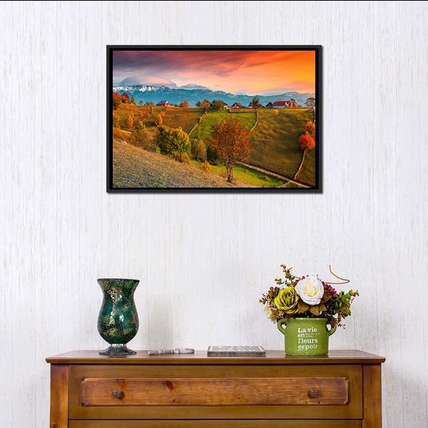 Autumn Alpine Landscape Romania Canvas Wall Art-1 Piece-Floating Frame-24" x 16"-Tiaracle