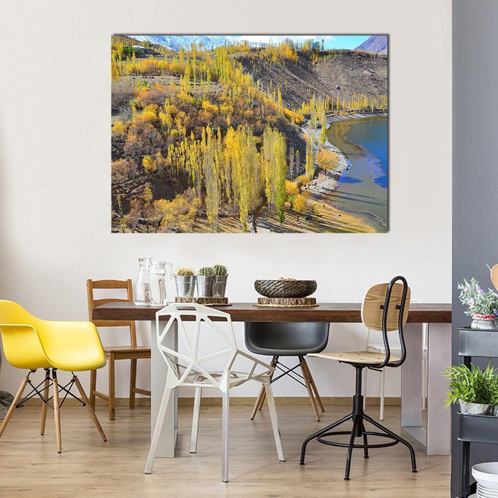 Phander Lake in Autumn Canvas Wall Art in brown, yellow and blue, single panel hung on a wall
