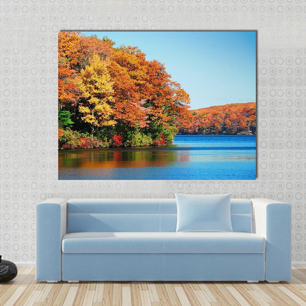 Autumn Colorful Foliage With Lake Canvas Wall Art-1 Piece-Gallery Wrap-48" x 32"-Tiaracle