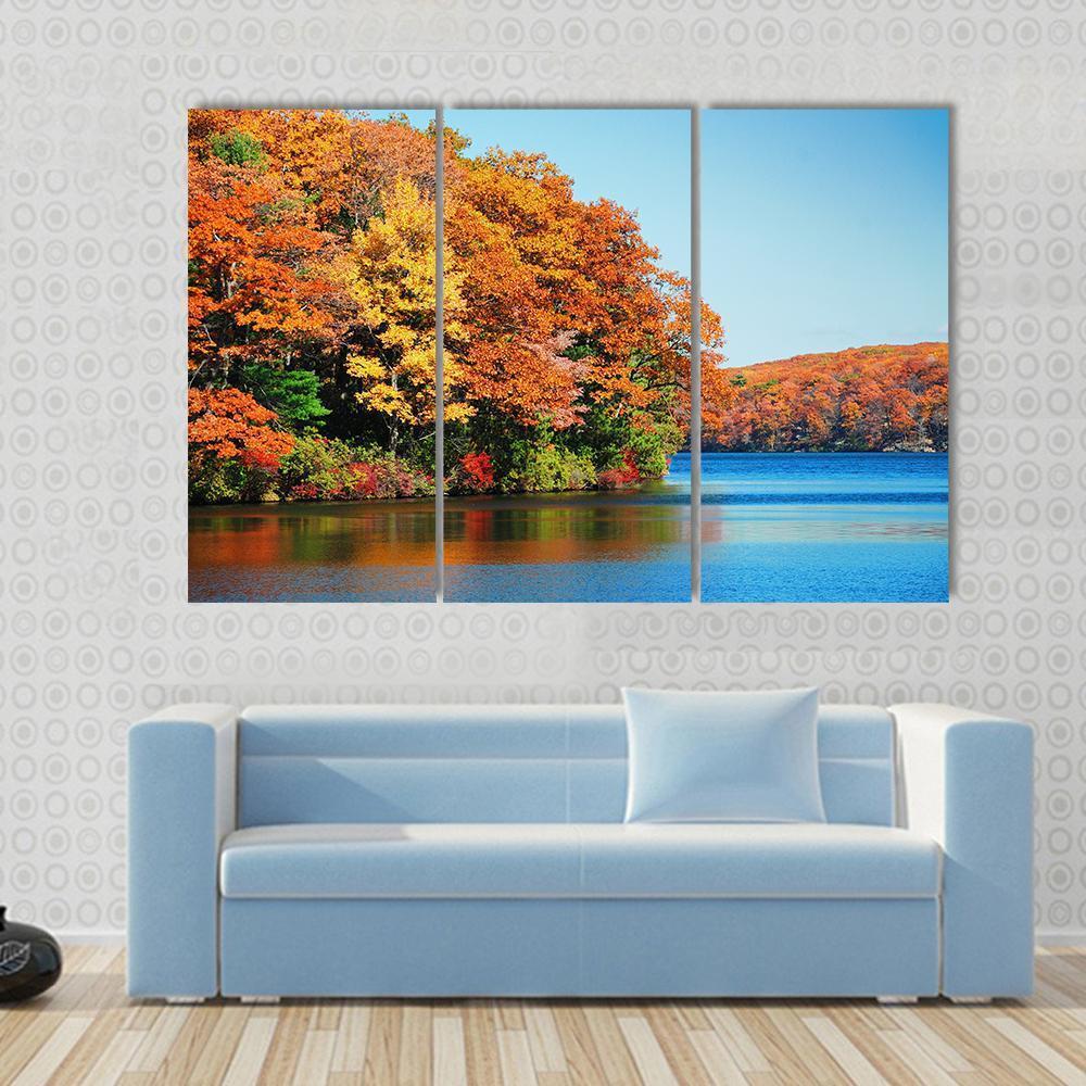 Autumn Colorful Foliage With Lake Canvas Wall Art-3 Horizontal-Gallery Wrap-37" x 24"-Tiaracle