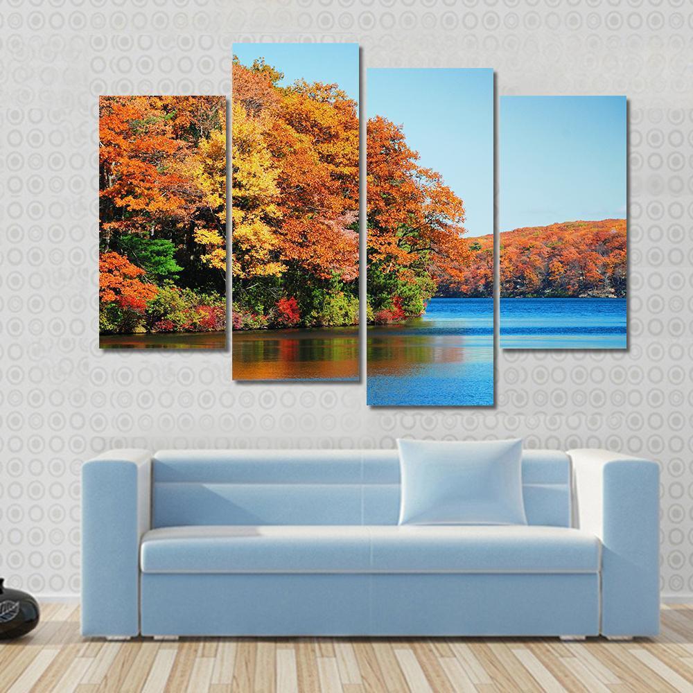 Autumn Colorful Foliage With Lake Canvas Wall Art-4 Pop-Gallery Wrap-50" x 32"-Tiaracle