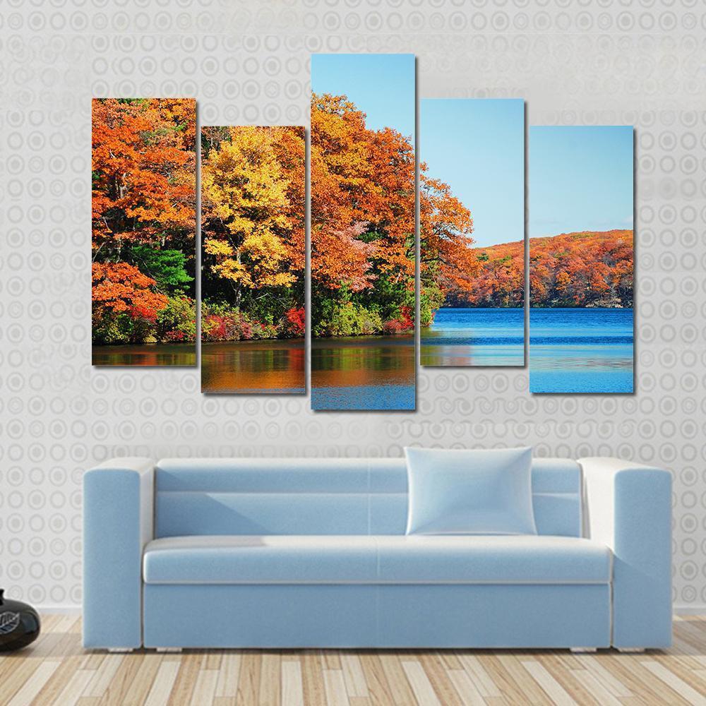 Autumn Colorful Foliage With Lake Canvas Wall Art-5 Pop-Gallery Wrap-47" x 32"-Tiaracle