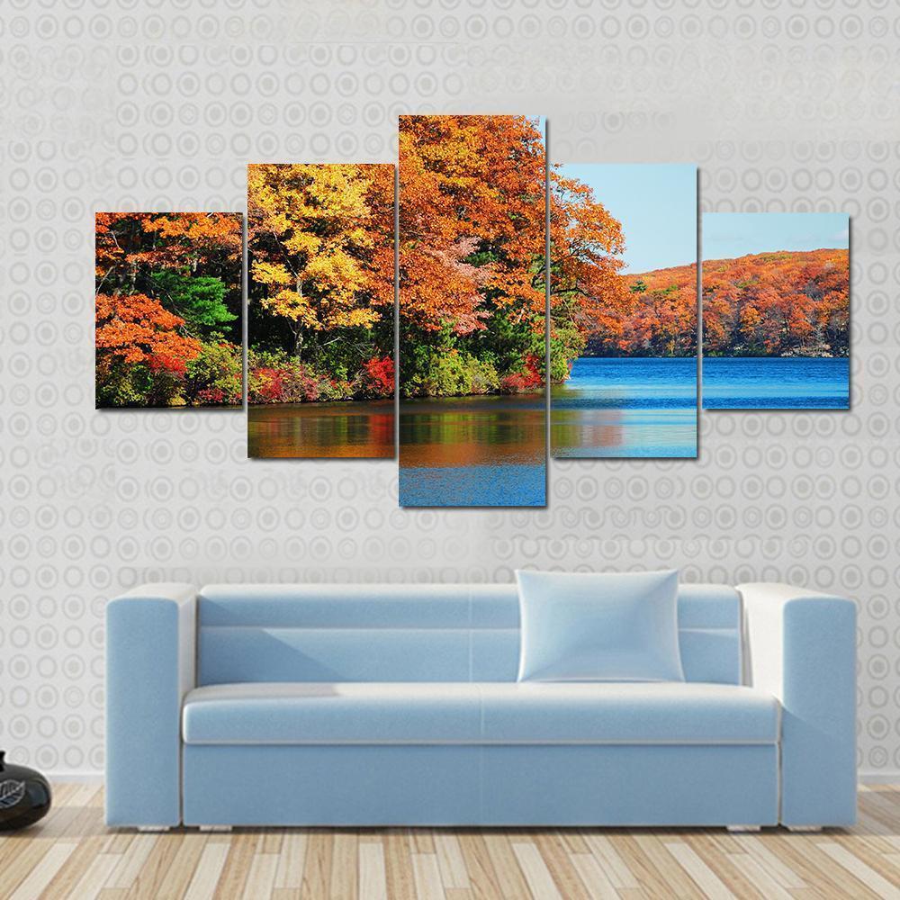 Autumn Colorful Foliage With Lake Canvas Wall Art-5 Star-Gallery Wrap-62" x 32"-Tiaracle