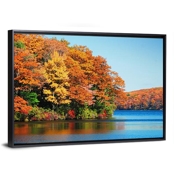Autumn Colorful Foliage With Lake Canvas Wall Art-3 Horizontal-Gallery Wrap-25" x 16"-Tiaracle