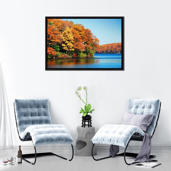 Autumn Colorful Foliage With Lake Canvas Wall Art-3 Horizontal-Gallery Wrap-25" x 16"-Tiaracle