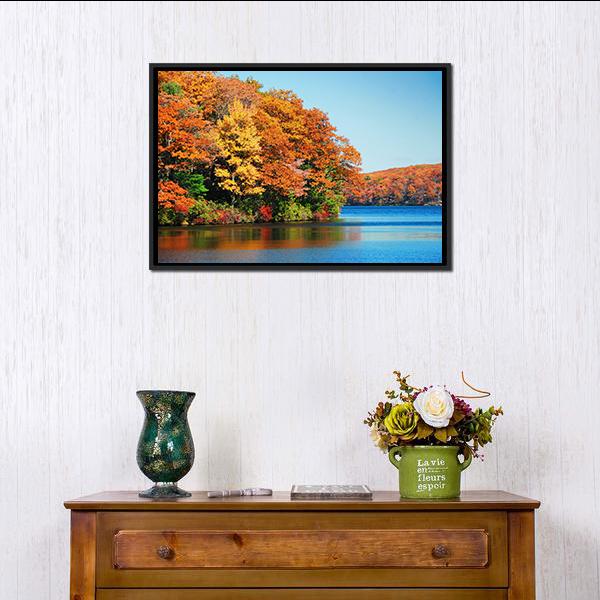 Autumn Colorful Foliage With Lake Canvas Wall Art-1 Piece-Floating Frame-24" x 16"-Tiaracle