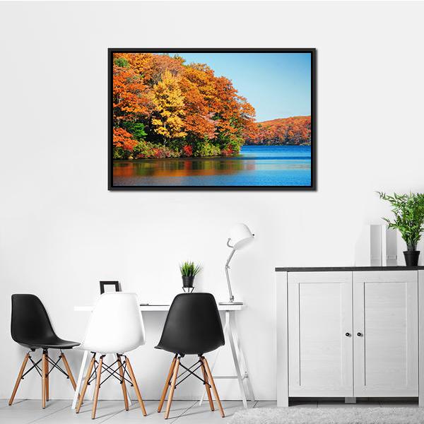 Autumn Colorful Foliage With Lake Canvas Wall Art-3 Horizontal-Gallery Wrap-25" x 16"-Tiaracle