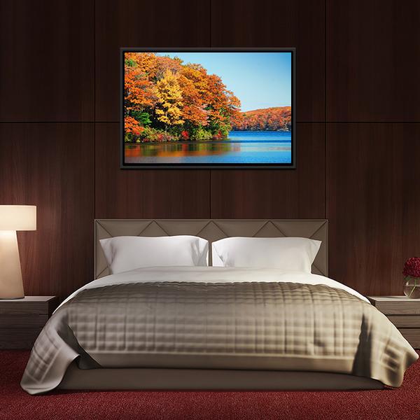 Autumn Colorful Foliage With Lake Canvas Wall Art-3 Horizontal-Gallery Wrap-25" x 16"-Tiaracle