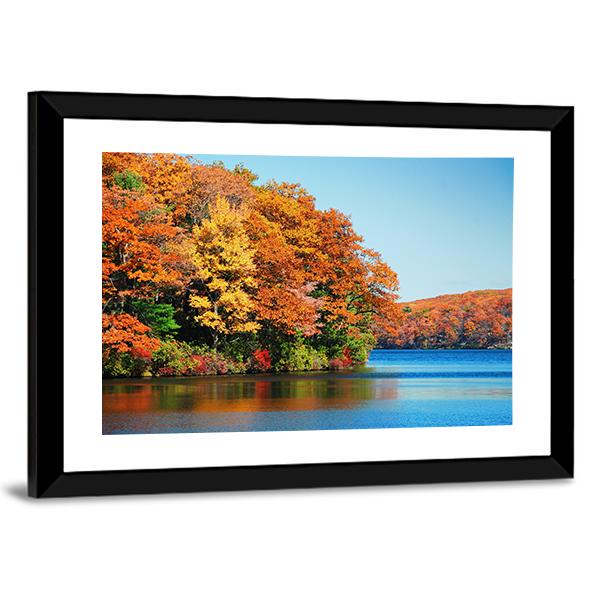 Autumn Colorful Foliage With Lake Canvas Wall Art-3 Horizontal-Gallery Wrap-25" x 16"-Tiaracle
