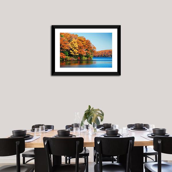 Autumn Colorful Foliage With Lake Canvas Wall Art-3 Horizontal-Gallery Wrap-25" x 16"-Tiaracle