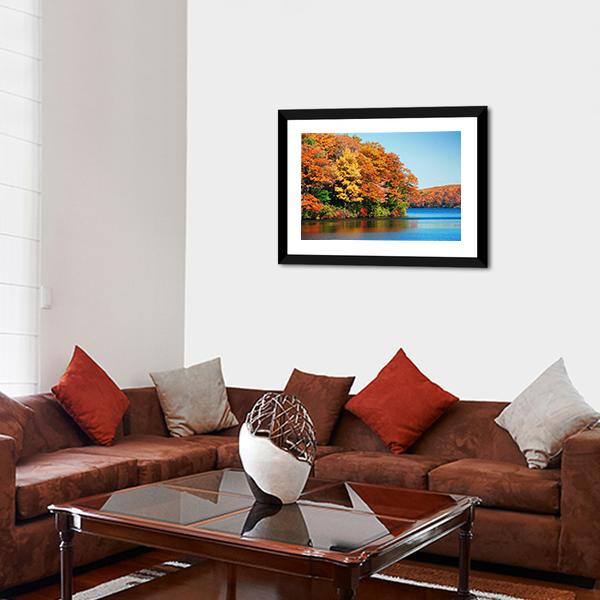 Autumn Colorful Foliage With Lake Canvas Wall Art-3 Horizontal-Gallery Wrap-25" x 16"-Tiaracle
