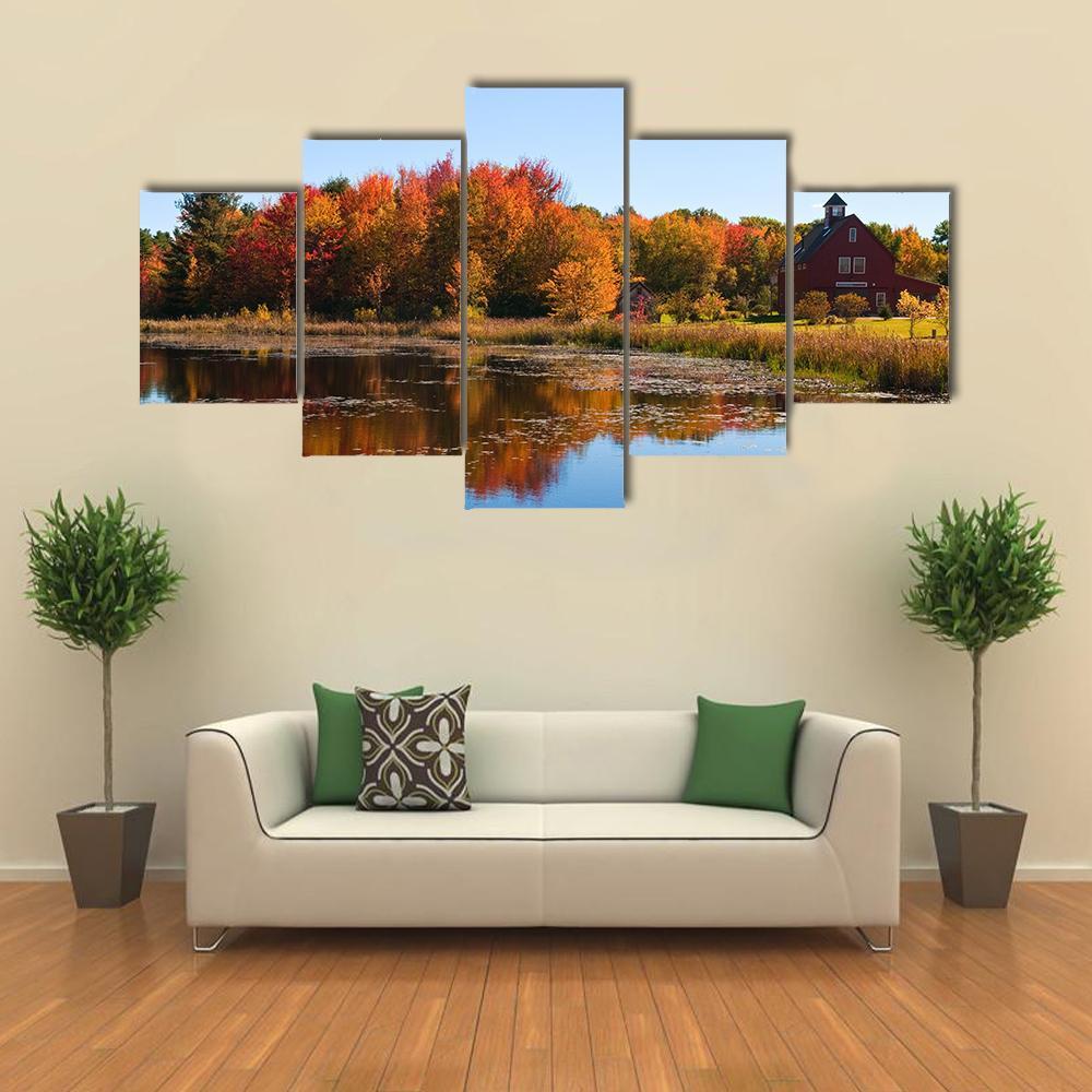 Autumn Colors Reflected In Pond Canvas Wall Art-5 Star-Gallery Wrap-62" x 32"-Tiaracle