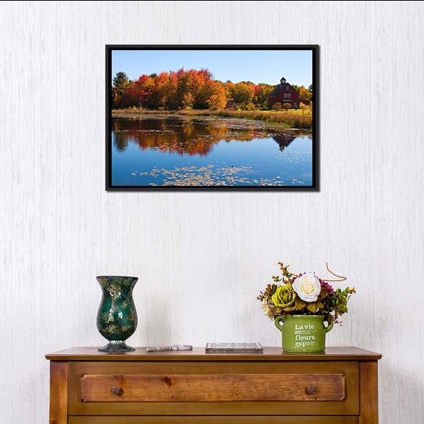 Autumn Colors Reflected In Pond Canvas Wall Art-1 Piece-Floating Frame-24" x 16"-Tiaracle