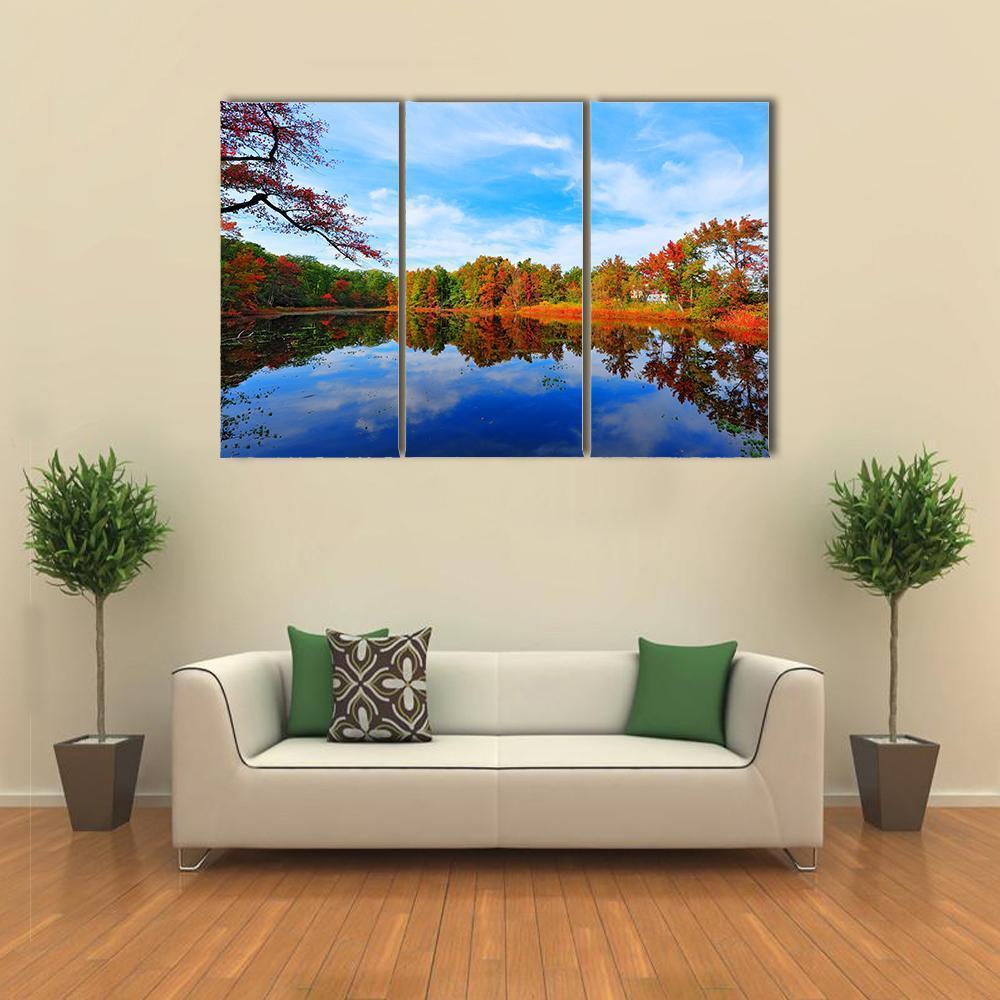 Autumn Colors Reflecting In Pond Canvas Wall Art-3 Horizontal-Gallery Wrap-37" x 24"-Tiaracle