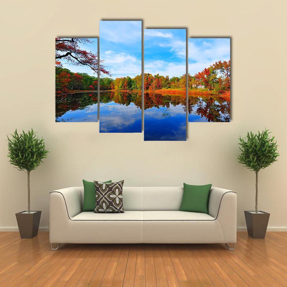 Autumn Colors Reflecting In Pond Canvas Wall Art-4 Pop-Gallery Wrap-50" x 32"-Tiaracle