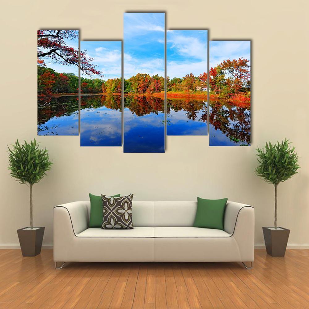Autumn Colors Reflecting In Pond Canvas Wall Art-5 Pop-Gallery Wrap-47" x 32"-Tiaracle