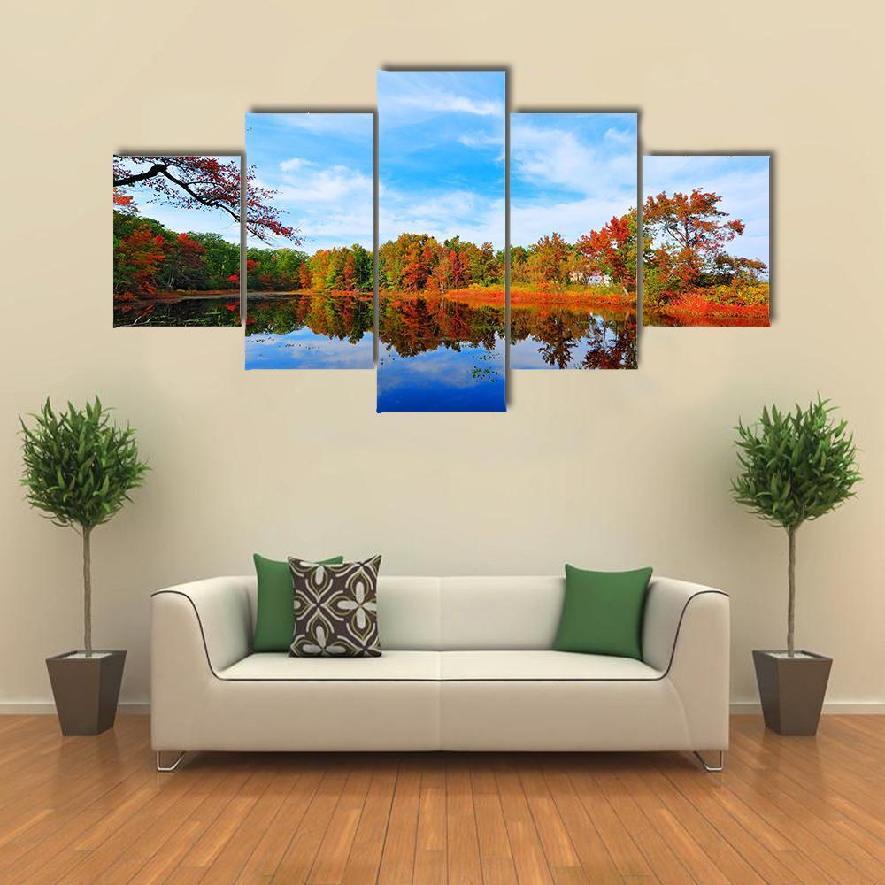 Autumn Colors Reflecting In Pond Canvas Wall Art-5 Star-Gallery Wrap-62" x 32"-Tiaracle