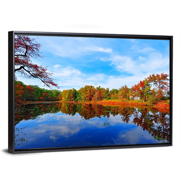 Autumn Colors Reflecting In Pond Canvas Wall Art-3 Horizontal-Gallery Wrap-25" x 16"-Tiaracle