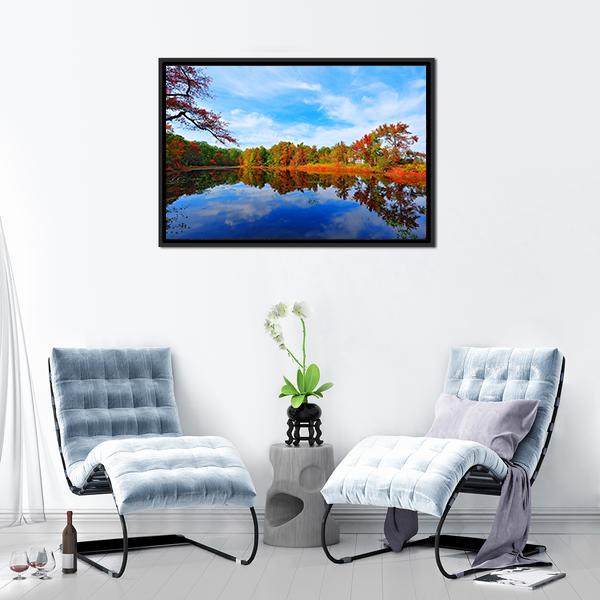 Autumn Colors Reflecting In Pond Canvas Wall Art-3 Horizontal-Gallery Wrap-25" x 16"-Tiaracle