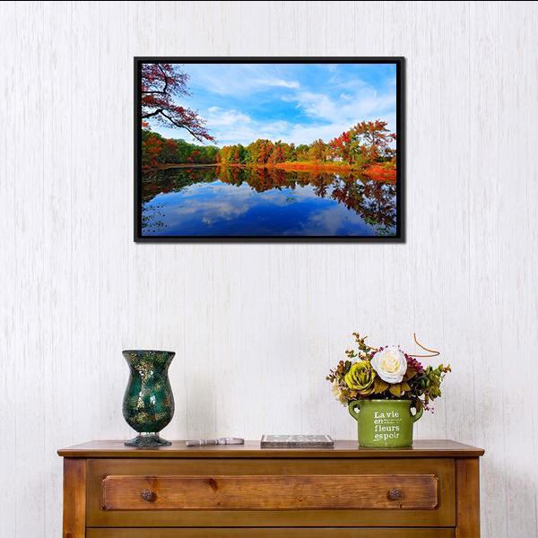 Autumn Colors Reflecting In Pond Canvas Wall Art-1 Piece-Floating Frame-24" x 16"-Tiaracle