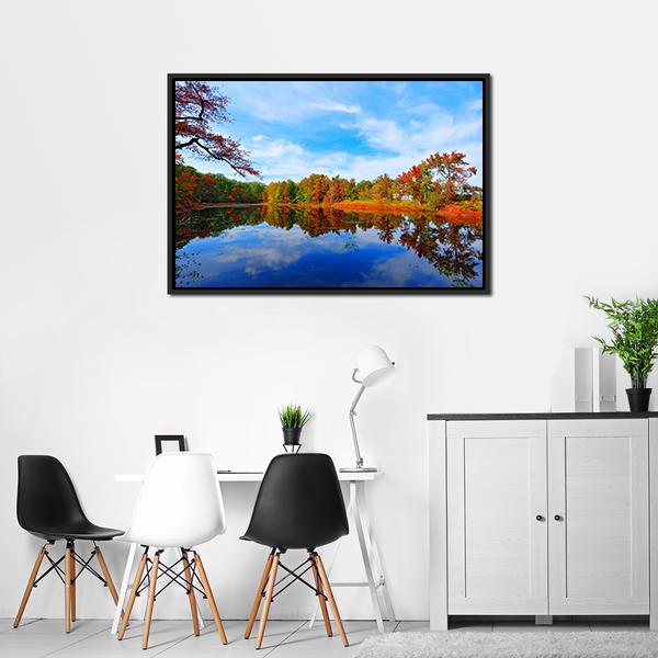 Autumn Colors Reflecting In Pond Canvas Wall Art-3 Horizontal-Gallery Wrap-25" x 16"-Tiaracle