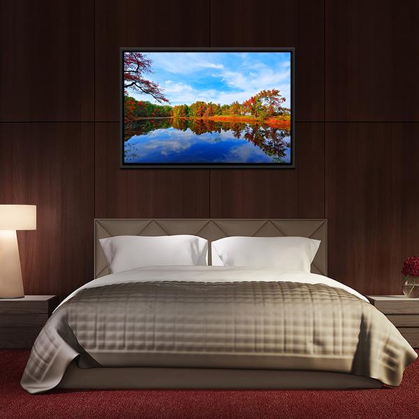Autumn Colors Reflecting In Pond Canvas Wall Art-3 Horizontal-Gallery Wrap-25" x 16"-Tiaracle