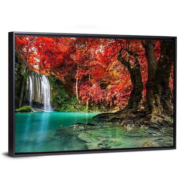 Autumn Erawan Waterfall Panoramic Canvas Wall Art-1 Piece-36" x 12"-Tiaracle