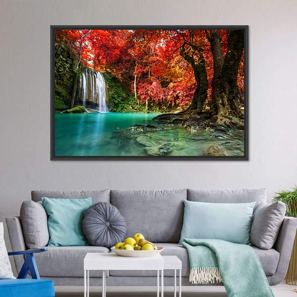 Autumn Erawan Waterfall Vertical Canvas Wall Art-3 Vertical-Gallery Wrap-12" x 25"-Tiaracle