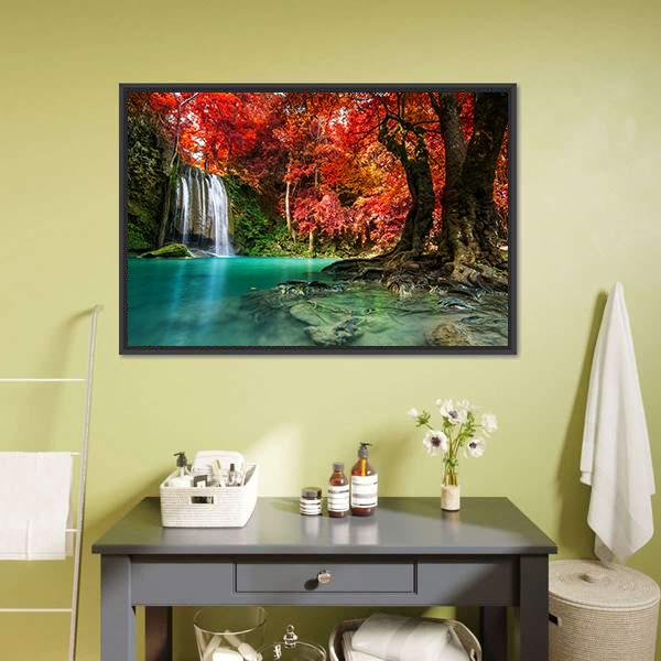 Autumn Erawan Waterfall Vertical Canvas Wall Art-3 Vertical-Gallery Wrap-12" x 25"-Tiaracle