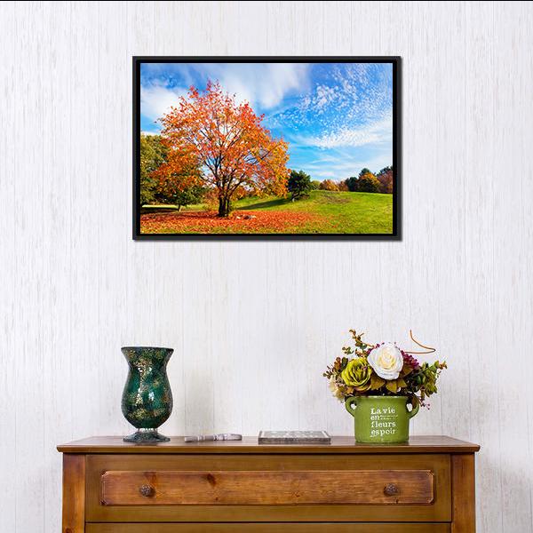 Autumn Fall Landscape With A Tree Canvas Wall Art-1 Piece-Floating Frame-24" x 16"-Tiaracle